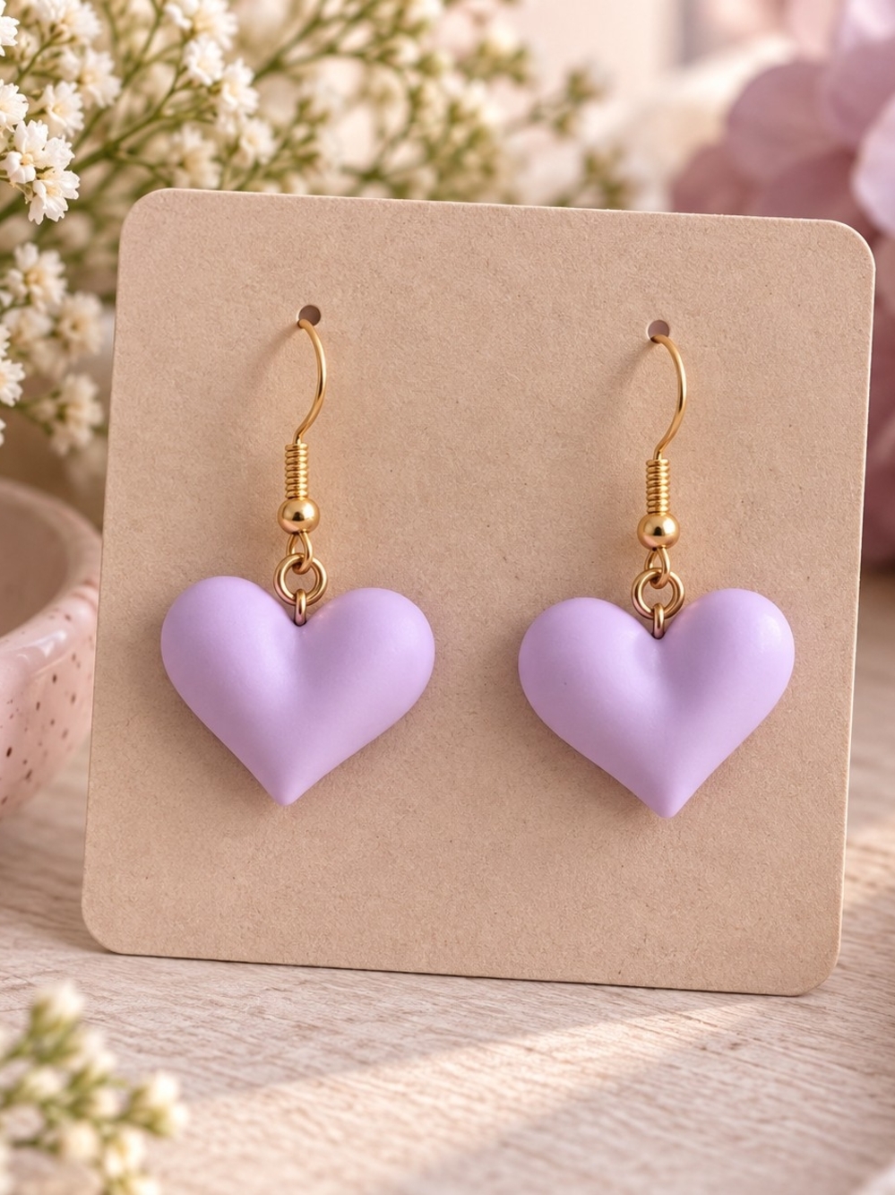 Gold Hook Lilac Heart Dangle Earrings - Women Jewelry